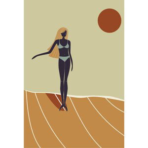 Ilustrace Flat Illustration of surfer girl surfing, LucidSurf, 26.7x40 cm