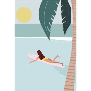 Ilustrace Surfer girl puddle out on longboard, LucidSurf, 26.7x40 cm