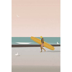 Ilustrace Longboard surfer walking on the beach, LucidSurf, 26.7x40 cm
