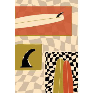 Ilustrace Surfboard fin and Longboard on checkers, LucidSurf, 26.7x40 cm