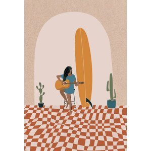 Ilustrace Longboard Surfing culture flat illustration, LucidSurf, 26.7x40 cm