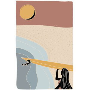 Ilustrace Surfer girl walking with the longboard, LucidSurf, 26.7x40 cm