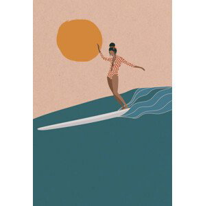 Ilustrace Female Longboard Surfer riding the wave,, LucidSurf, 26.7x40 cm
