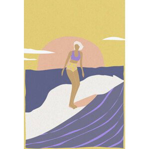 Ilustrace Surfer girl on a longboard, surfing, LucidSurf, 26.7x40 cm