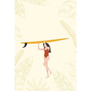 Ilustrace Surfer Girl Holding the Longboard Surfboard,, LucidSurf, 26.7x40 cm