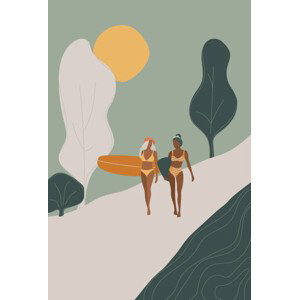 Ilustrace Surfer Girls walking with the surfboards, LucidSurf, 26.7x40 cm