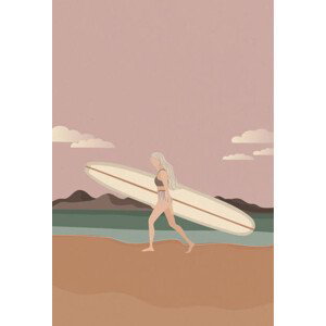 Ilustrace Surfer girl walking on the beach, LucidSurf, 26.7x40 cm