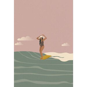 Ilustrace Surfer girl on a longboard surfboard,, LucidSurf, 26.7x40 cm