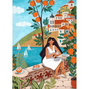 Ilustrace Travel poster woman in Mediterranean coast, Caroline Bonne Muller, 30x40 cm