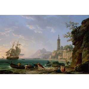 Claude Joseph Vernet - Obrazová reprodukce A Coastal Mediterranean Landscape with a Dutch Merchantman in a Bay, (40 x 26.7 cm)