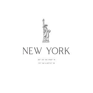 Ilustrace New York city coordinates with Statue of Liberty, Blursbyai, (26.7 x 40 cm)