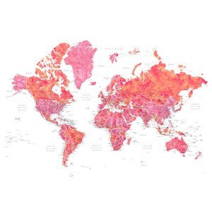 Mapa Hot pink and coral detailed world map with cities, Tatiana, Blursbyai, (40 x 26.7 cm)