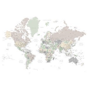 Mapa Detailed world map with cities in muted down colors, Anouk, Blursbyai, (40 x 26.7 cm)