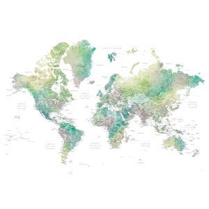 Mapa Watercolor world map with cities in muted green, Oriole, Blursbyai, (40 x 26.7 cm)