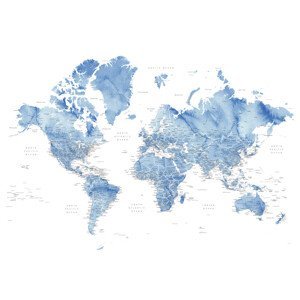 Mapa Watercolor world map with cities in muted blue, Vance, Blursbyai, (40 x 26.7 cm)