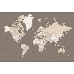 Mapa Earth tones detailed world map with cities, Blursbyai, (40 x 26.7 cm)