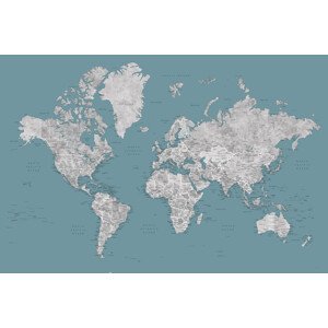 Mapa Teal and grey detailed watercolor world map with cities, Urian, Blursbyai, (40 x 26.7 cm)