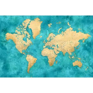 Mapa Detailed world map with cities in gold and teal watercolor, Lexy, Blursbyai, (40 x 26.7 cm)