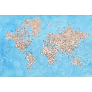 Mapa Detailed watercolor world map in brown and blue, Bree, Blursbyai, (40 x 26.7 cm)