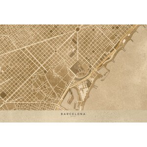 Mapa Map of Barcelona downtown in sepia vintage style, Blursbyai, (40 x 26.7 cm)