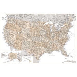 Mapa Highly detailed map of the United States in neutral watercolor, Blursbyai, (40 x 26.7 cm)