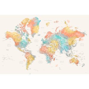 Mapa Detailed colorful watercolor world map, Fifi, Blursbyai, (40 x 26.7 cm)
