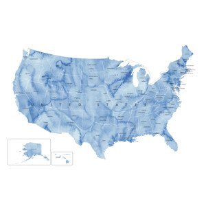 Mapa Blue watercolor map of the US with state capitals, Blursbyai, (40 x 26.7 cm)