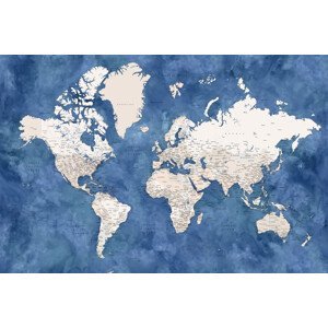 Mapa Blue and beige watercolor detailed world map, Blursbyai, (40 x 26.7 cm)