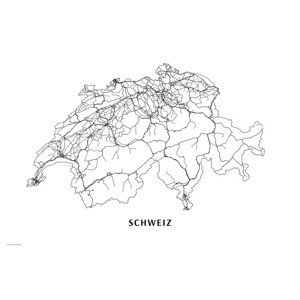 Mapa Švýcarsko black & white, (40 x 26.7 cm)