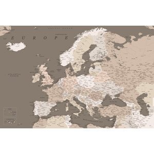 Mapa Detailed map of Europe in earth tones, Blursbyai, (40 x 26.7 cm)