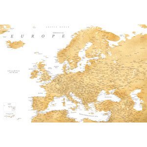 Mapa Detailed map of Europe in gold, Blursbyai, (40 x 26.7 cm)