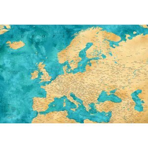 Mapa Detailed map of Europe in gold and teal watercolor, Blursbyai, (40 x 26.7 cm)