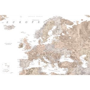Mapa Detailed map of Europe in neutral watercolor, Blursbyai, (40 x 26.7 cm)