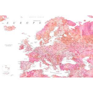 Mapa Detailed map of Europe in pink watercolor, Blursbyai, (40 x 26.7 cm)