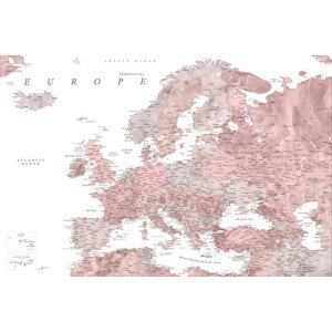 Mapa Detailed map of Europe in dusty pink and grey watercolor, Blursbyai, (40 x 26.7 cm)