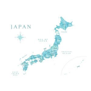 Mapa Map of Japan in aquamarine watercolor, Blursbyai, (40 x 26.7 cm)