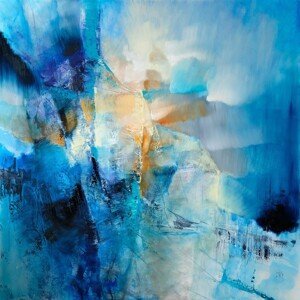 Ilustrace spring is knocking - composition in blue and orange, Annette Schmucker, (40 x 40 cm)