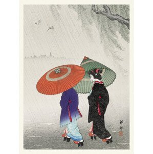 Obrazová reprodukce Geisha in the Rain / Wearing Traditional Kimono (Japandi Vintage) - Ohara Koson, (30 x 40 cm)