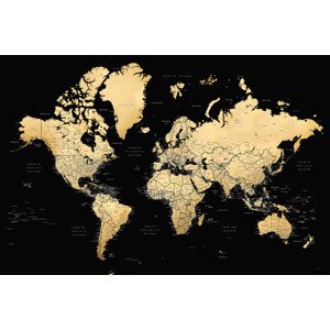 Plakát, Obraz - Blursbyai - Black and gold world map, (60 x 40 cm)