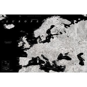 Plakát, Obraz - Blursbyai - Black and grey Europe map, (60 x 40 cm)