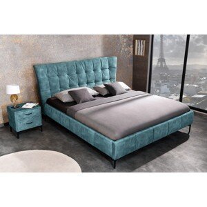 Estila Designová chesterfield manželská postel Velouria petrolejové modré barvy s prošívaným čelem 160x200cm