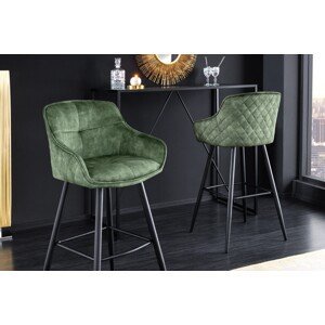 Estila Moderní industriální barová židle Rufus s olivově zeleným sametovým čalouněním a černou konstrukcí z kovu 100cm