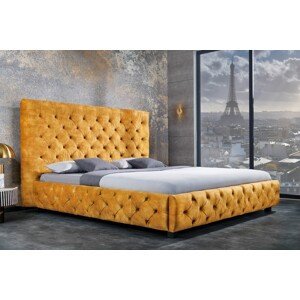 Estila Moderní manželská postel Kreon se sametovým potahem žluté barvy s chesterfield prošíváním 160x200cm