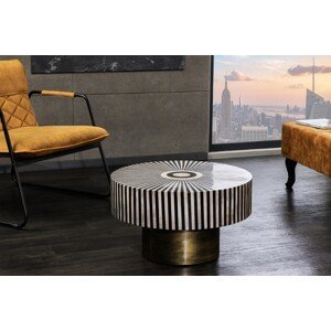 Estila Art deco kulatý konferenční stolek Hypnotique s černobílou kostovou inkrustací a podstavou ve zlaté barvě 60 cm