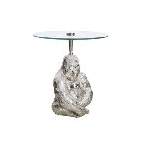 Estila Luxusní glamour kulatý příruční stolek Wilde s podstavou ve tvaru gorily a se skleněnou vrchní deskou stříbrná 51 cm