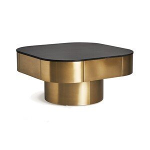 Estila Luxusní glamour čtvercový konferenční stolek Jackson s jednou nohou s mramorovou deskou se zaoblenými rohy černá zlatá 100 cm