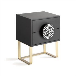 Estila Luxusní art deco noční stolek Tesoreria v černé barvě se dvěma šuplíky s úchytkou z kostovou inkrustací 50 cm