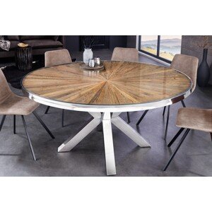 Estila Luxusní industriální kulatý jídelní stůl Barracuda z teakového hnědého dřeva s chromovanými nožičkami 140 cm