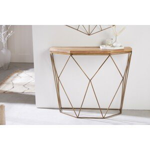 Estila Designový art deco konzolový stolek Xoia se zlatou podstavou s diamantovým vzorem a hnědou dřevěnou deskou 75 cm