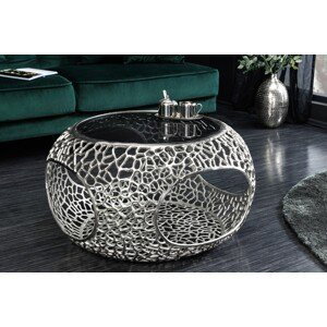 Estila Designový glamour kulatý stříbrný konferenční stolek Hoja s úložným prostorem a pavučinovým designem 40 cm